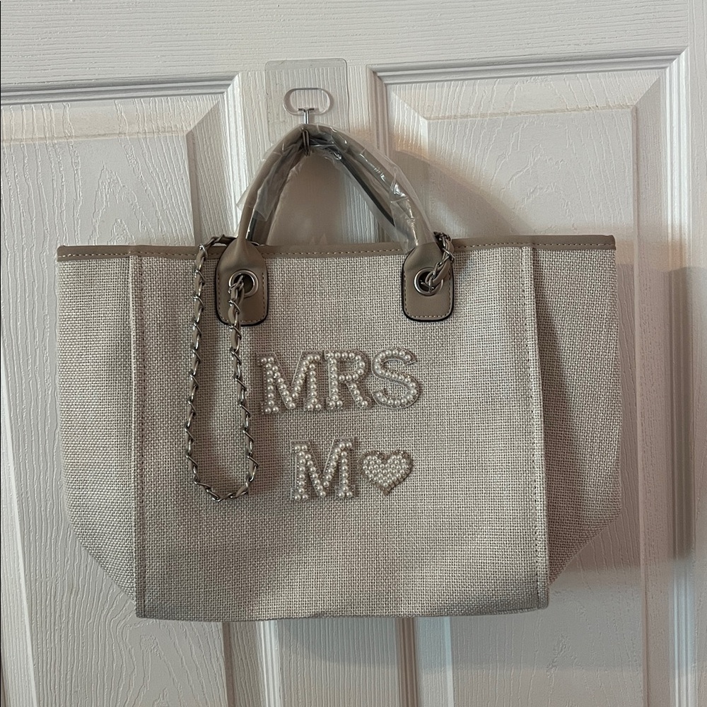 Tan/Cream Tote Bag with Pearl Lettering MRS M